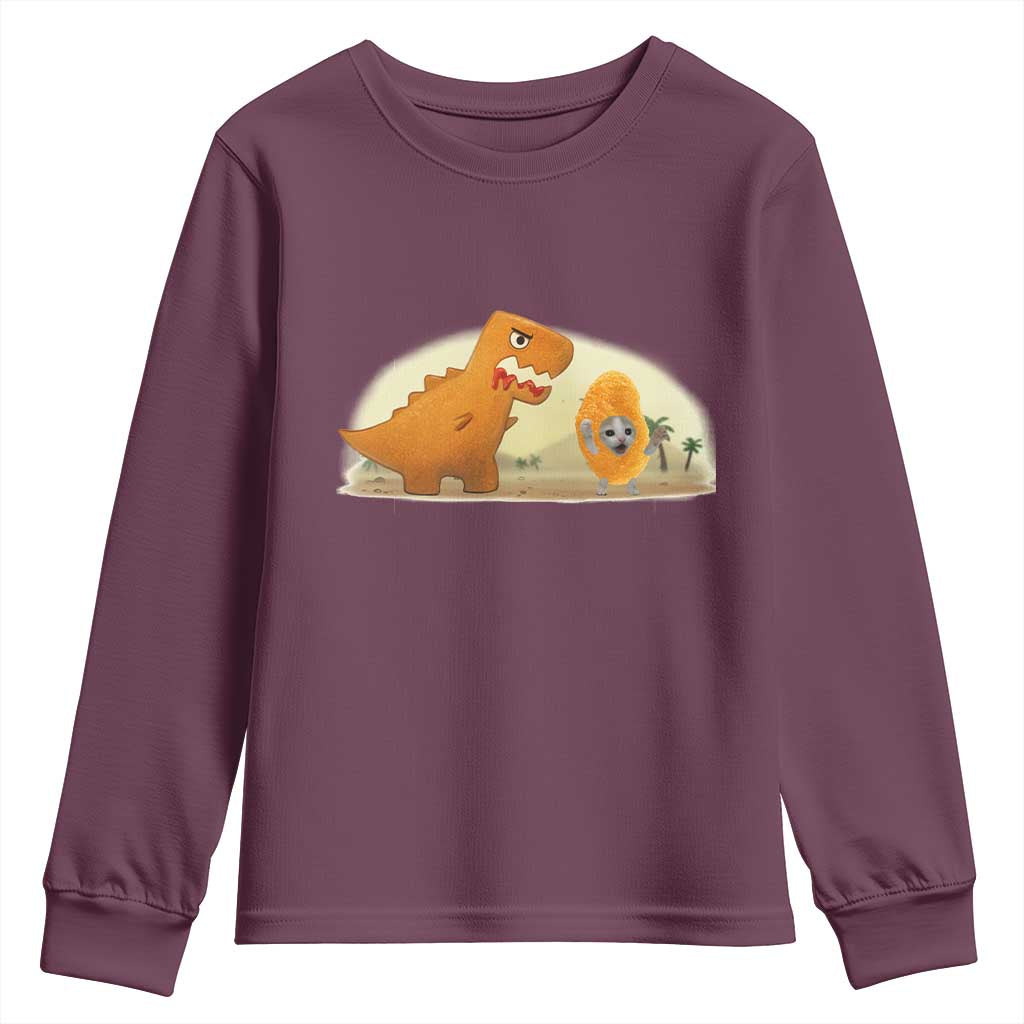 Dino Nuggets Chasing Cat Youth Sweatshirt Funny Nugget Lover Gift TS12 Maroon Print Your Wear
