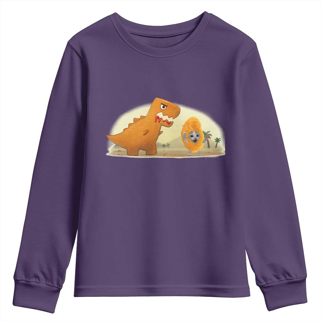 Dino Nuggets Chasing Cat Youth Sweatshirt Funny Nugget Lover Gift TS12 Purple Print Your Wear