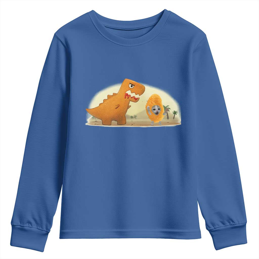 Dino Nuggets Chasing Cat Youth Sweatshirt Funny Nugget Lover Gift TS12 Royal Blue Print Your Wear