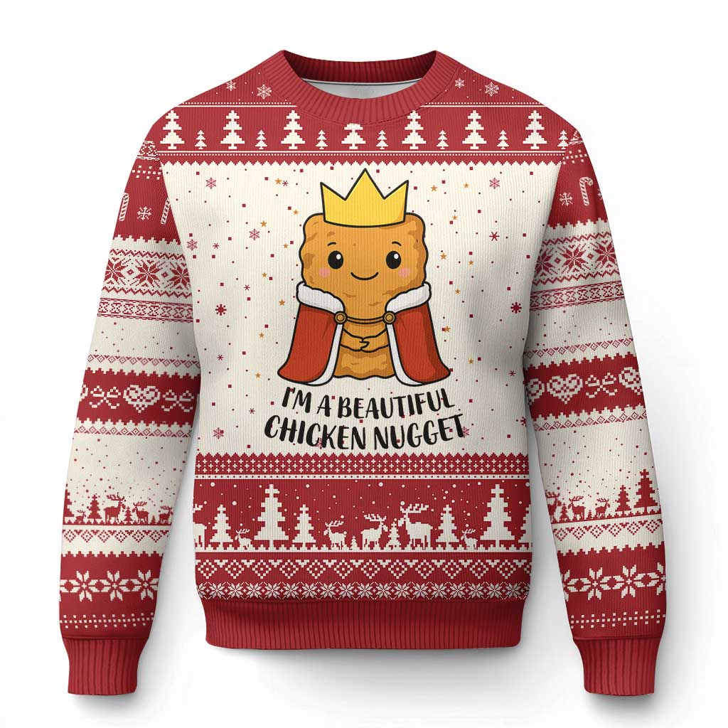 I'm A Beautiful Chicken Nugget Ugly Christmas Sweater Food Humor Gift TS12 Beige Red Print Your Wear