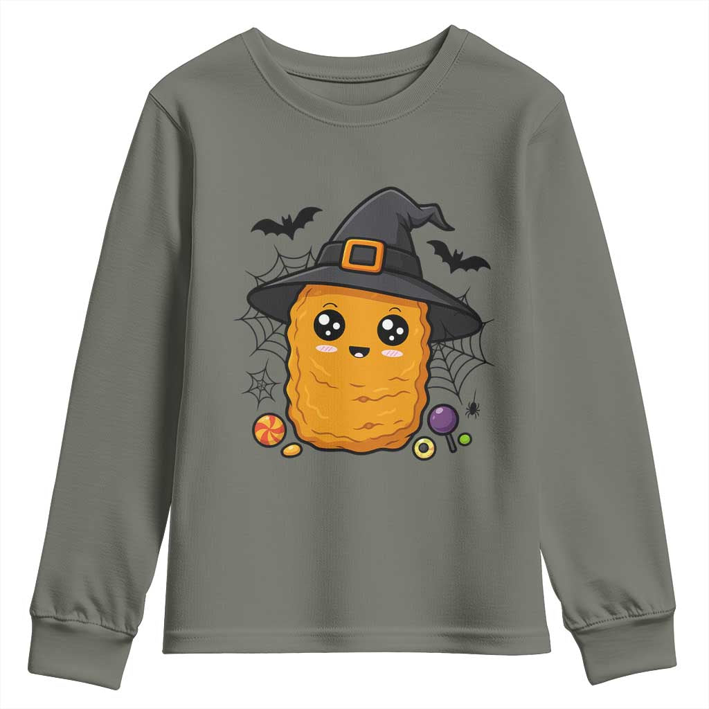 Halloween Nugget With Witch Hat Youth Sweatshirt Funny Food Gift TS12 Military Green Print Your Wear