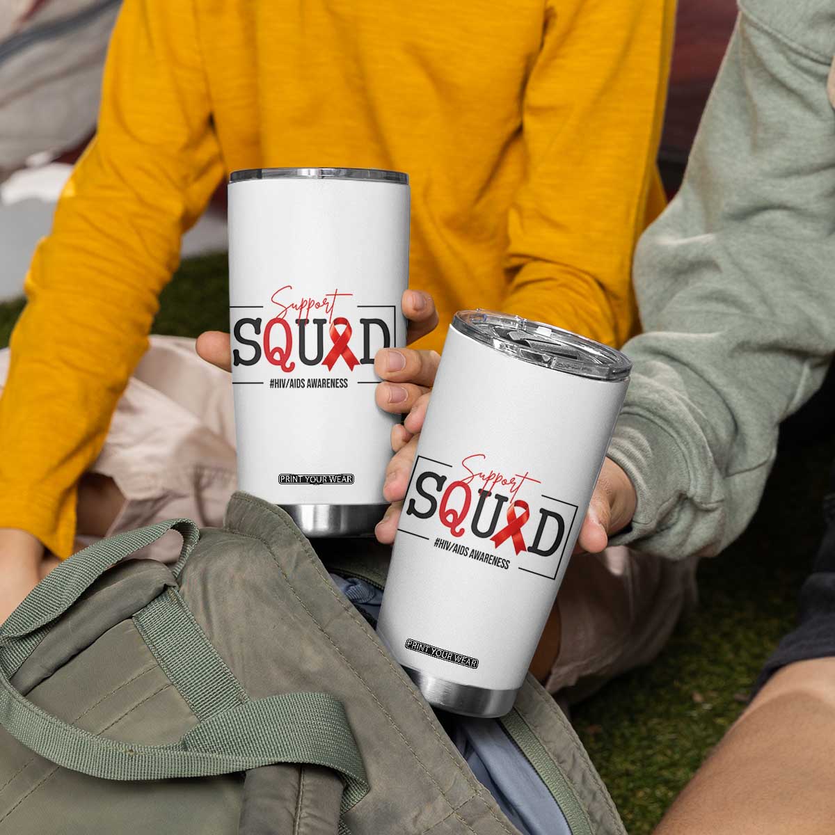 Support Squad Red Ribbon HIV AIDS Awareness Month Gift Tumbler Cup TS12 Print Your Wear