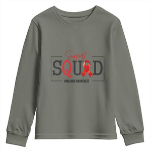 Support Squad Red Ribbon HIV AIDS Awareness Month Gift Youth Sweatshirt TS12 Military Green Print Your Wear