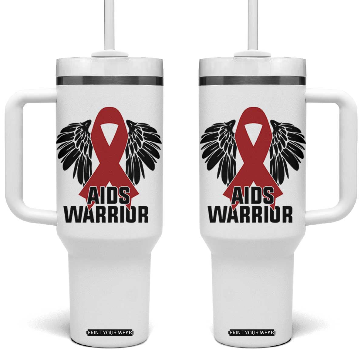 Aids Warrior Tumbler With Handle Red Ribbon HIV Awareness Gift TS12 One Size: 40 oz White Print Your Wear