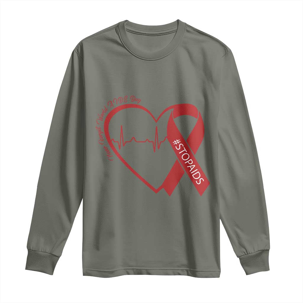 Never Forget World AIDS Day Long Sleeve Shirt Red Ribbon HIV Awareness Gift TS12 Military Green Print Your Wear