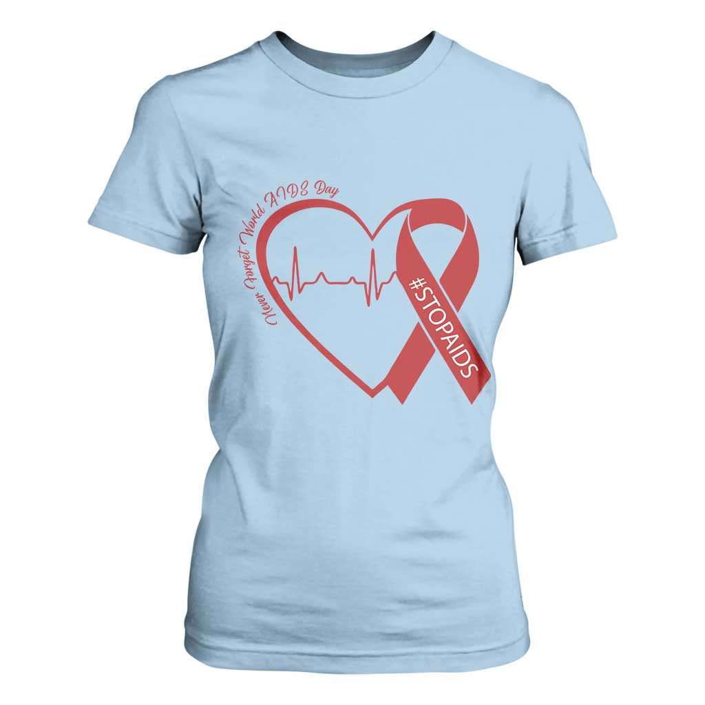 Never Forget World AIDS Day T Shirt For Women Red Ribbon HIV Awareness Gift TS12 Light Blue Print Your Wear