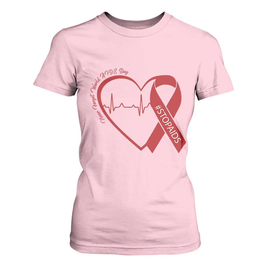 Never Forget World AIDS Day T Shirt For Women Red Ribbon HIV Awareness Gift TS12 Light Pink Print Your Wear