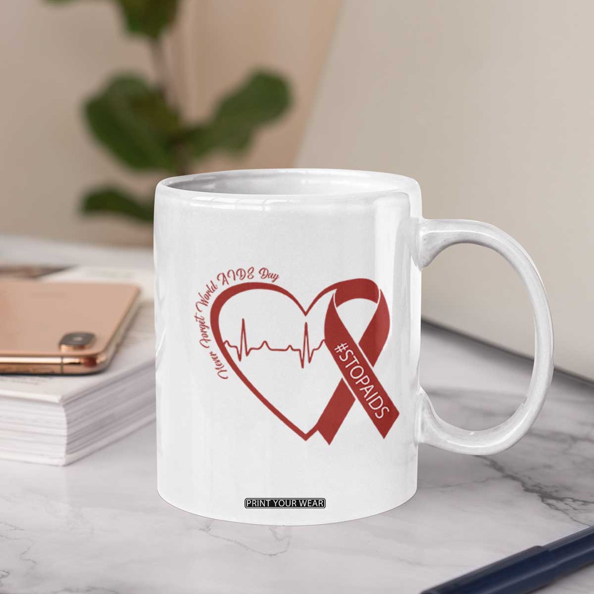 Never Forget World AIDS Day Coffee Mug Red Ribbon HIV Awareness Gift TS12 Print Your Wear