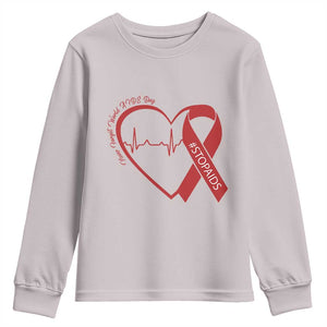 Never Forget World AIDS Day Youth Sweatshirt Red Ribbon HIV Awareness Gift TS12 Ice Gray Print Your Wear