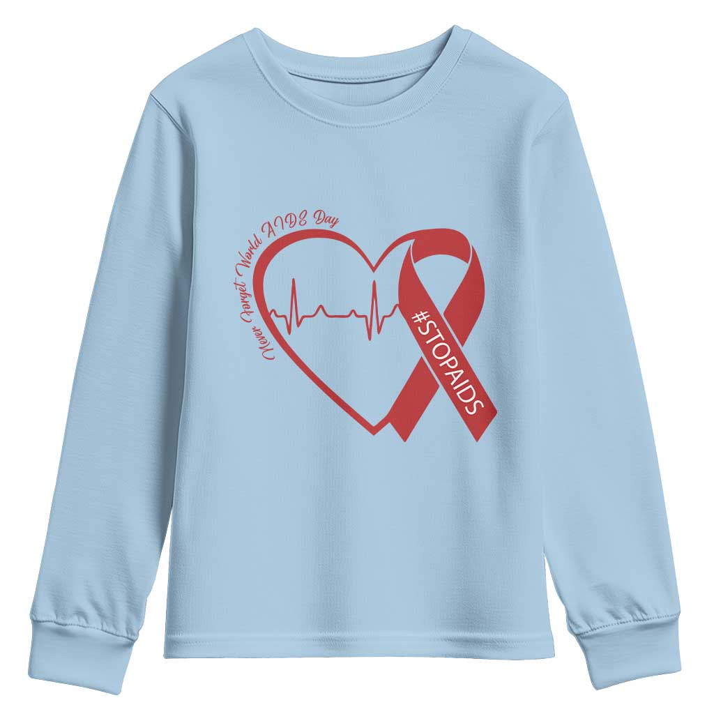 Never Forget World AIDS Day Youth Sweatshirt Red Ribbon HIV Awareness Gift TS12 Light Blue Print Your Wear