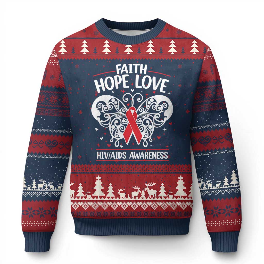 Red Ribbon Faith Hope Love Ugly Christmas Sweater World AIDS Day Gift TS12 Navy Red Print Your Wear