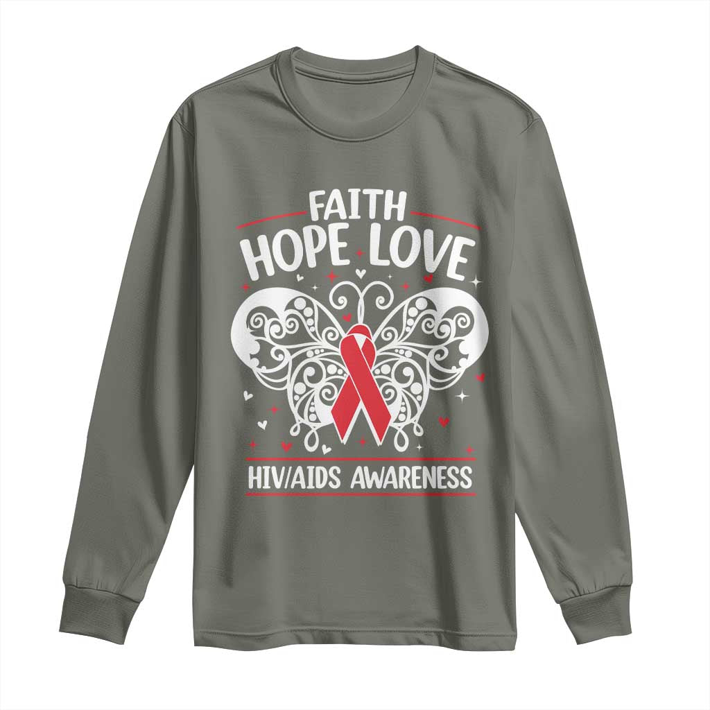 Red Ribbon Faith Hope Love Long Sleeve Shirt World AIDS Day Gift TS12 Military Green Print Your Wear