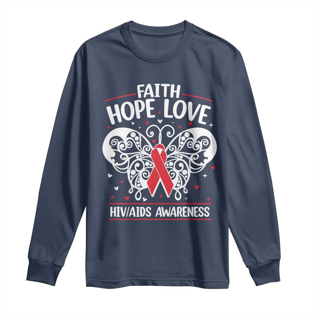 Red Ribbon Faith Hope Love Long Sleeve Shirt World AIDS Day Gift TS12 Navy Print Your Wear