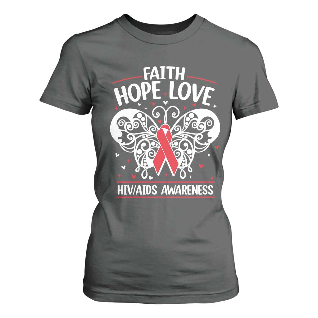 Red Ribbon Faith Hope Love T Shirt For Women World AIDS Day Gift TS12 Dark Heather Print Your Wear