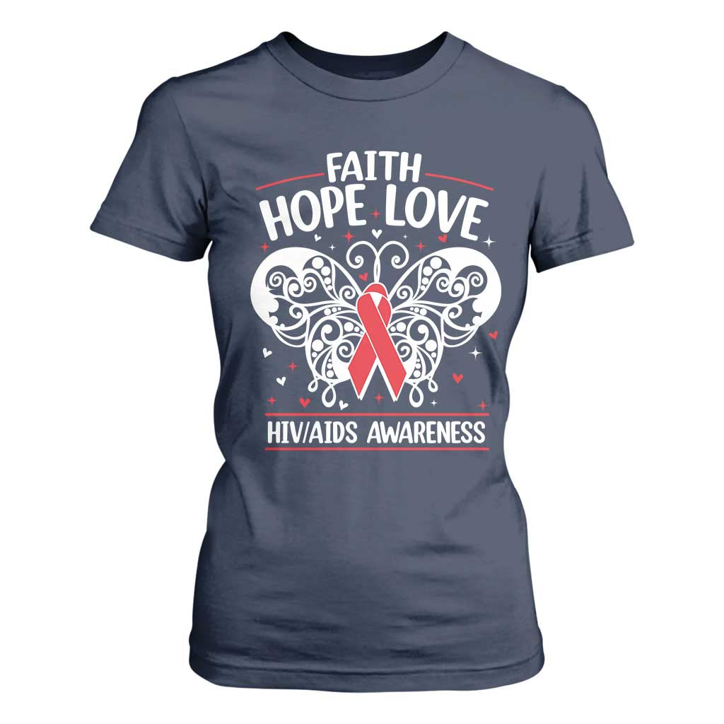 Red Ribbon Faith Hope Love T Shirt For Women World AIDS Day Gift TS12 Navy Print Your Wear