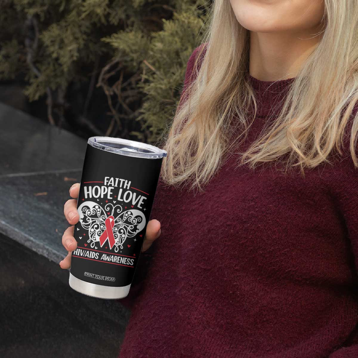 Red Ribbon Faith Hope Love Tumbler Cup World AIDS Day Gift TS12 Print Your Wear