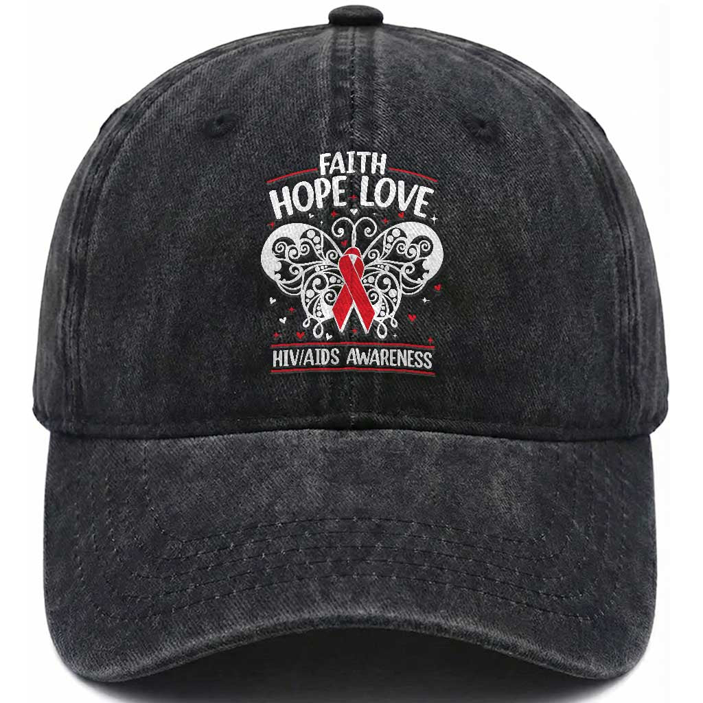 Red Ribbon Faith Hope Love Washed Cotton Baseball Cap World AIDS Day Gift TS12 Print Your Wear