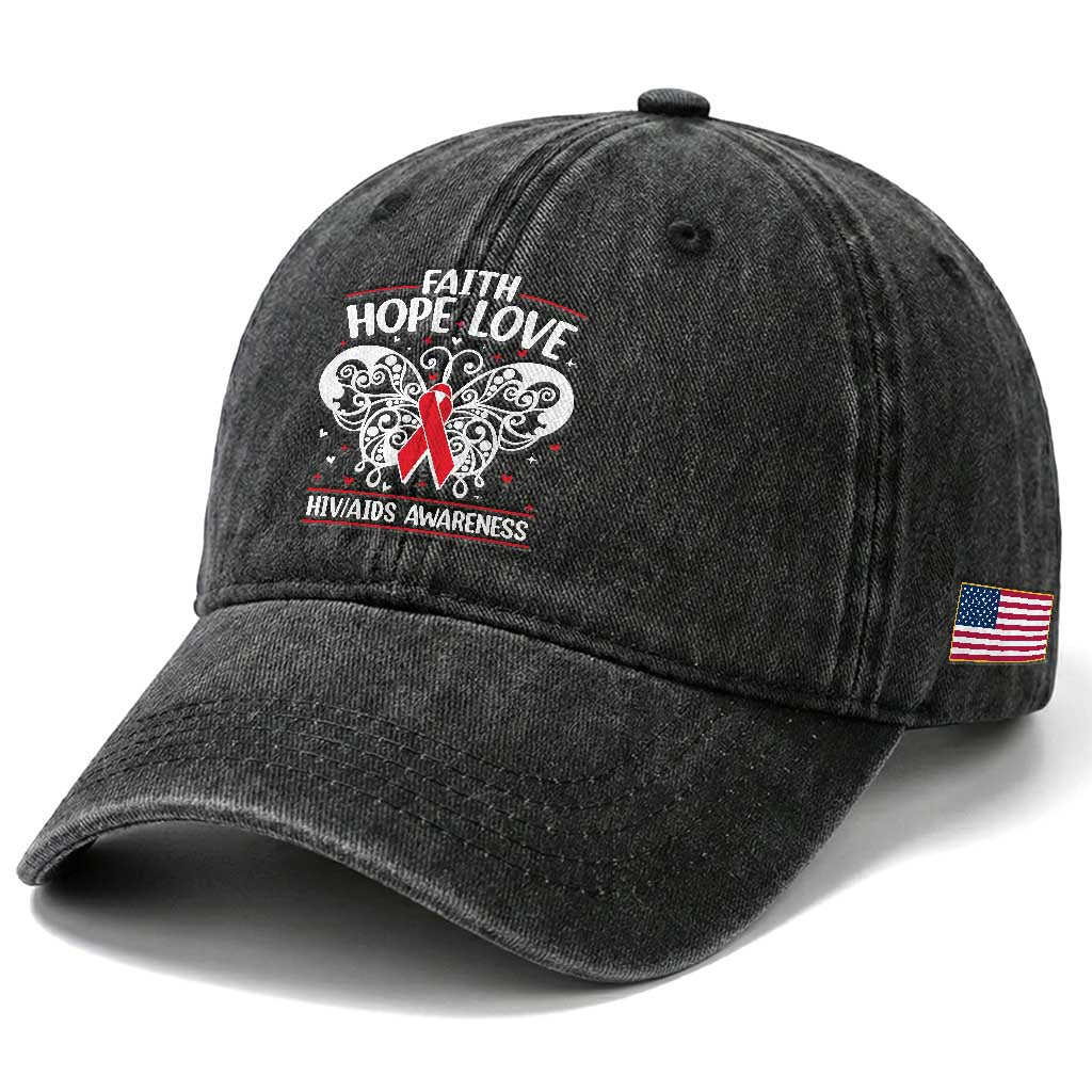 Red Ribbon Faith Hope Love Washed Cotton Baseball Cap World AIDS Day Gift TS12 Print Your Wear