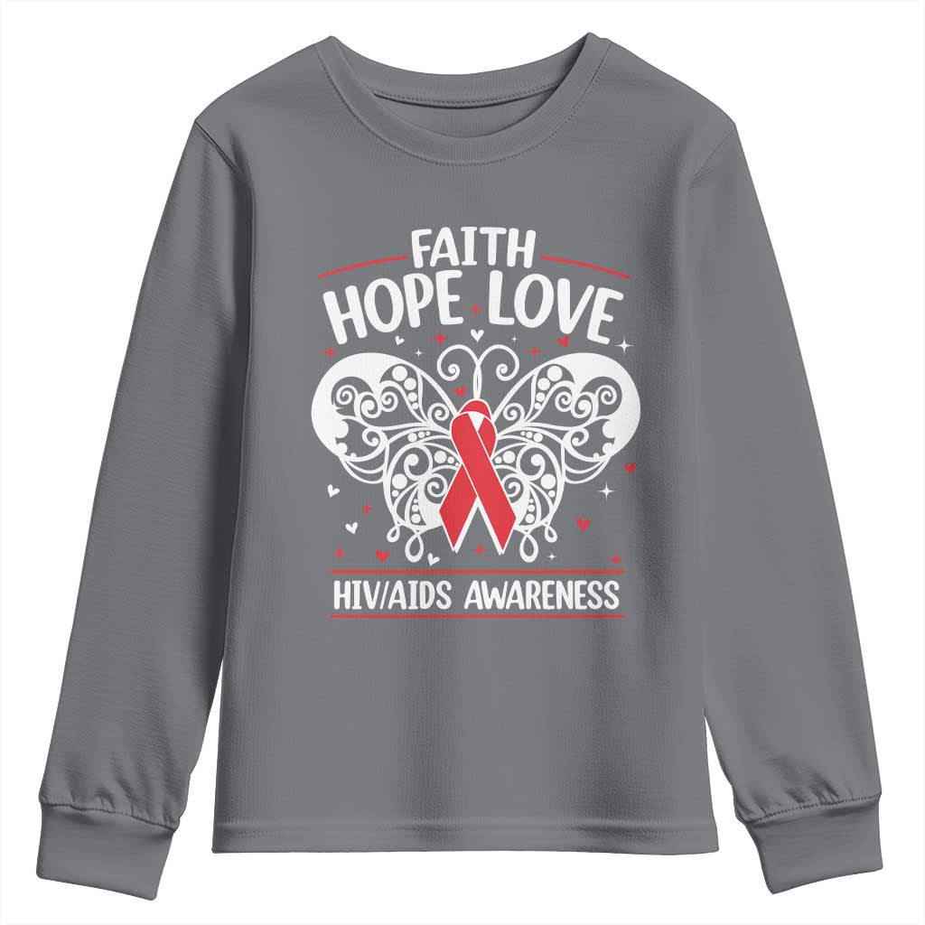 Red Ribbon Faith Hope Love Youth Sweatshirt World AIDS Day Gift TS12 Charcoal Print Your Wear
