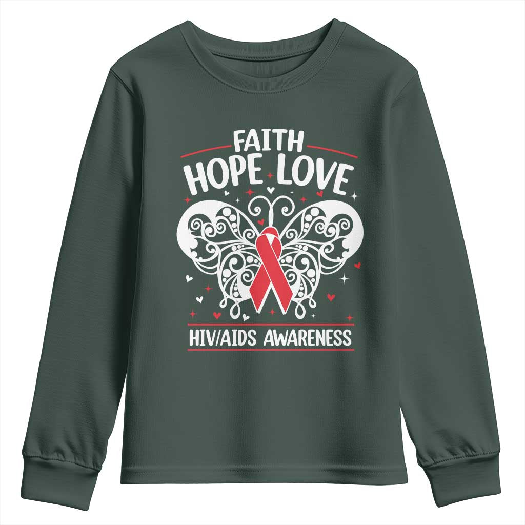 Red Ribbon Faith Hope Love Youth Sweatshirt World AIDS Day Gift TS12 Dark Forest Green Print Your Wear