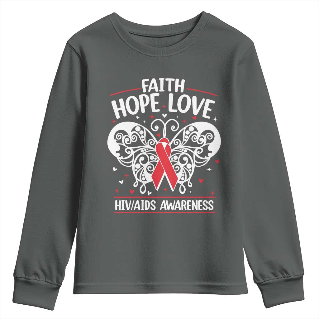 Red Ribbon Faith Hope Love Youth Sweatshirt World AIDS Day Gift TS12 Dark Heather Print Your Wear