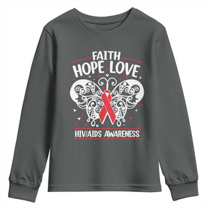 Red Ribbon Faith Hope Love Youth Sweatshirt World AIDS Day Gift TS12 Dark Heather Print Your Wear