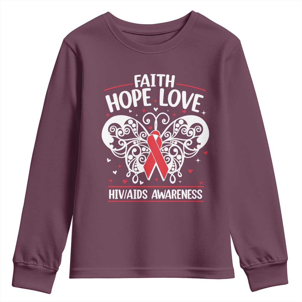 Red Ribbon Faith Hope Love Youth Sweatshirt World AIDS Day Gift TS12 Maroon Print Your Wear