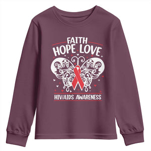 Red Ribbon Faith Hope Love Youth Sweatshirt World AIDS Day Gift TS12 Maroon Print Your Wear