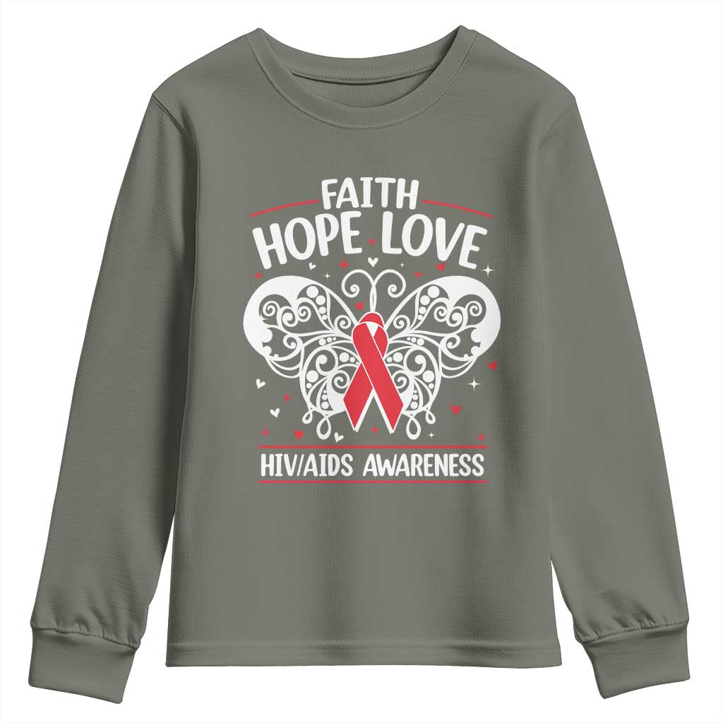 Red Ribbon Faith Hope Love Youth Sweatshirt World AIDS Day Gift TS12 Military Green Print Your Wear