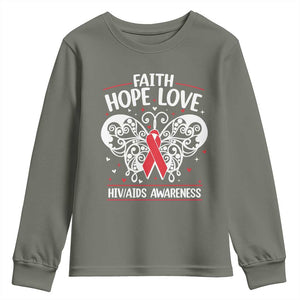 Red Ribbon Faith Hope Love Youth Sweatshirt World AIDS Day Gift TS12 Military Green Print Your Wear