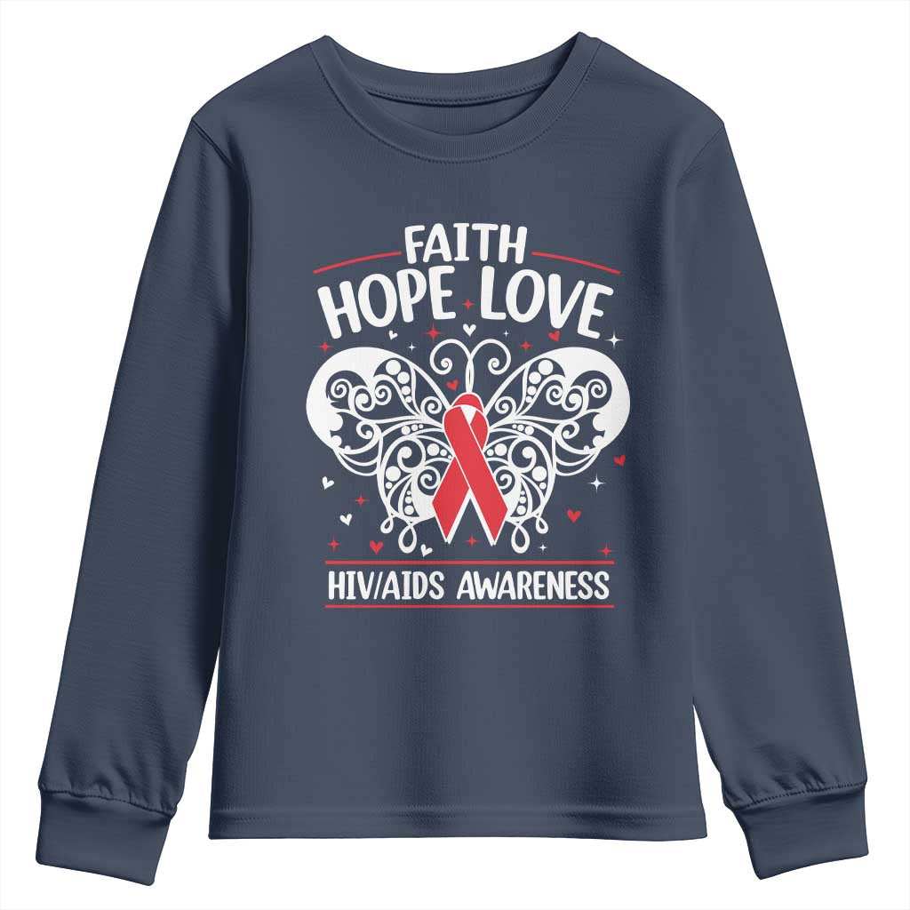 Red Ribbon Faith Hope Love Youth Sweatshirt World AIDS Day Gift TS12 Navy Print Your Wear