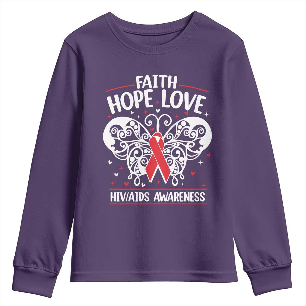 Red Ribbon Faith Hope Love Youth Sweatshirt World AIDS Day Gift TS12 Purple Print Your Wear