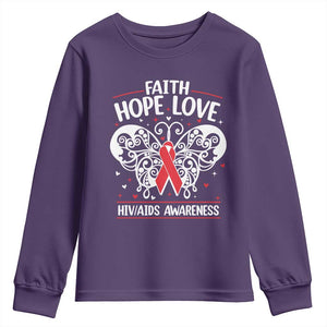 Red Ribbon Faith Hope Love Youth Sweatshirt World AIDS Day Gift TS12 Purple Print Your Wear