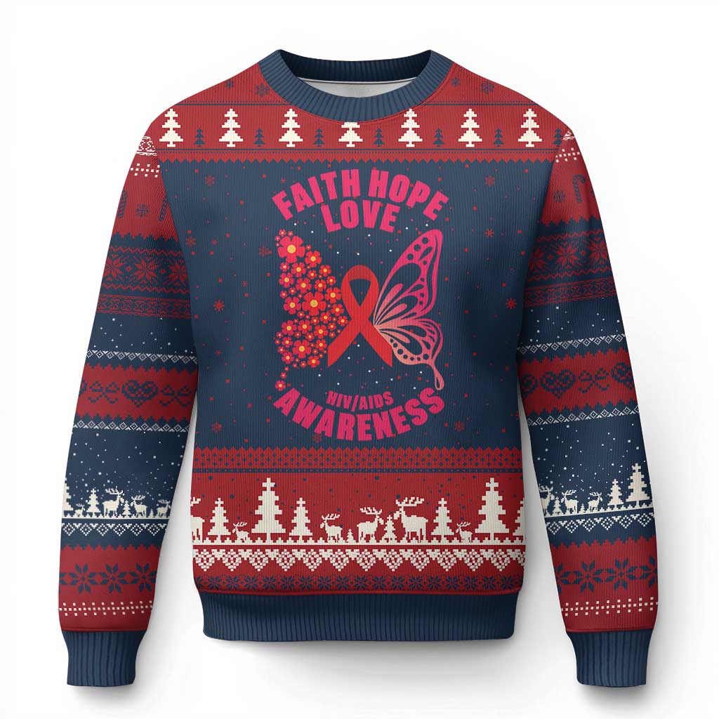Faith Hope Love HIV Butterfly Ugly Christmas Sweater Awareness Month Gift TS12 Navy Red Print Your Wear