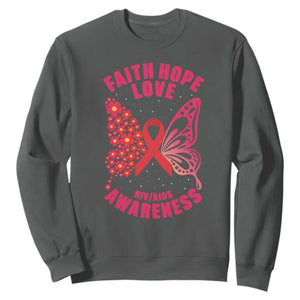 Faith Hope Love HIV Butterfly Sweatshirt Awareness Month Gift TS12 Dark Heather Print Your Wear