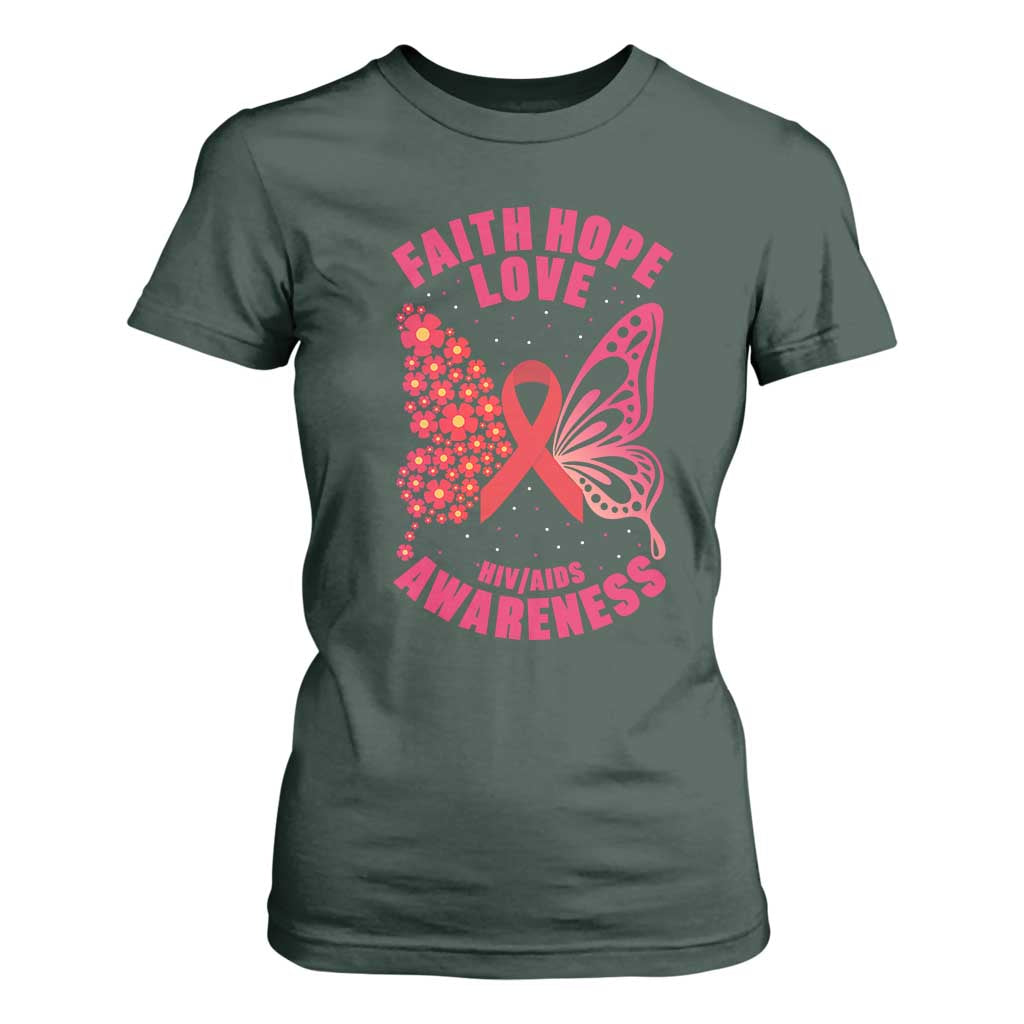 Faith Hope Love HIV Butterfly T Shirt For Women Awareness Month Gift TS12 Dark Forest Green Print Your Wear
