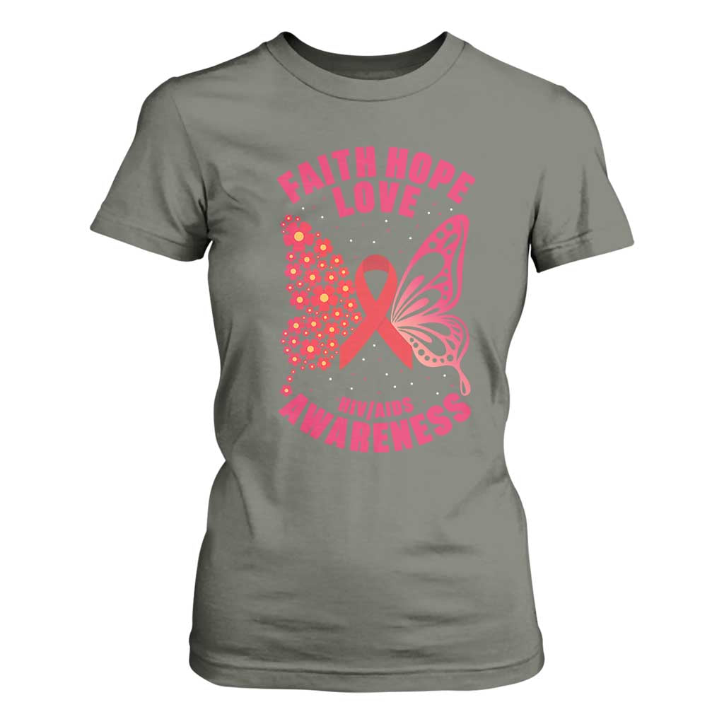 Faith Hope Love HIV Butterfly T Shirt For Women Awareness Month Gift TS12 Military Green Print Your Wear