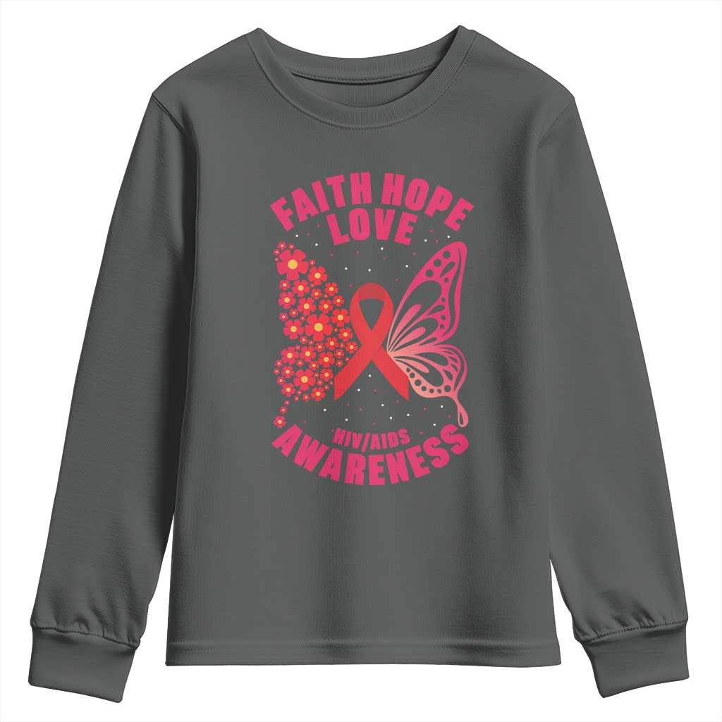 Faith Hope Love HIV Butterfly Youth Sweatshirt Awareness Month Gift TS12 Dark Heather Print Your Wear