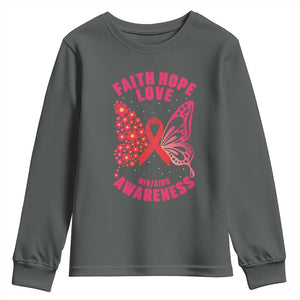 Faith Hope Love HIV Butterfly Youth Sweatshirt Awareness Month Gift TS12 Dark Heather Print Your Wear