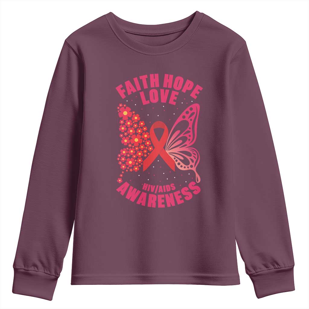 Faith Hope Love HIV Butterfly Youth Sweatshirt Awareness Month Gift TS12 Maroon Print Your Wear