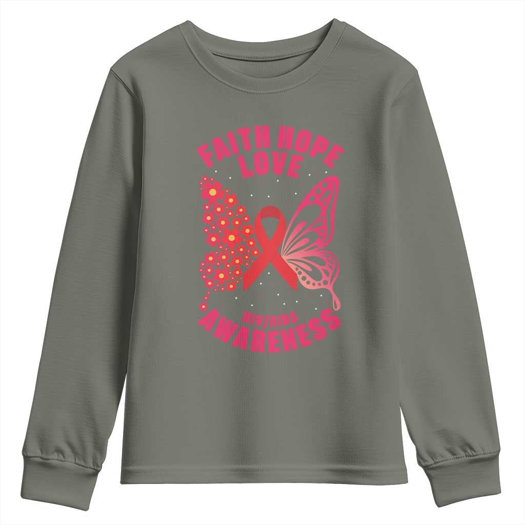 Faith Hope Love HIV Butterfly Youth Sweatshirt Awareness Month Gift TS12 Military Green Print Your Wear