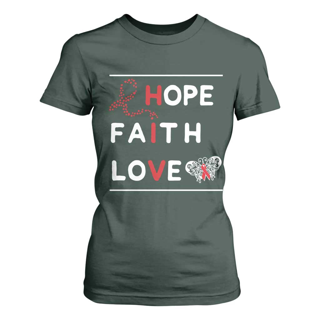 Faith Hope Love HIV AIDS Awareness T Shirt For Women Hope Strength Empowerment Gift TS12 Dark Forest Green Print Your Wear