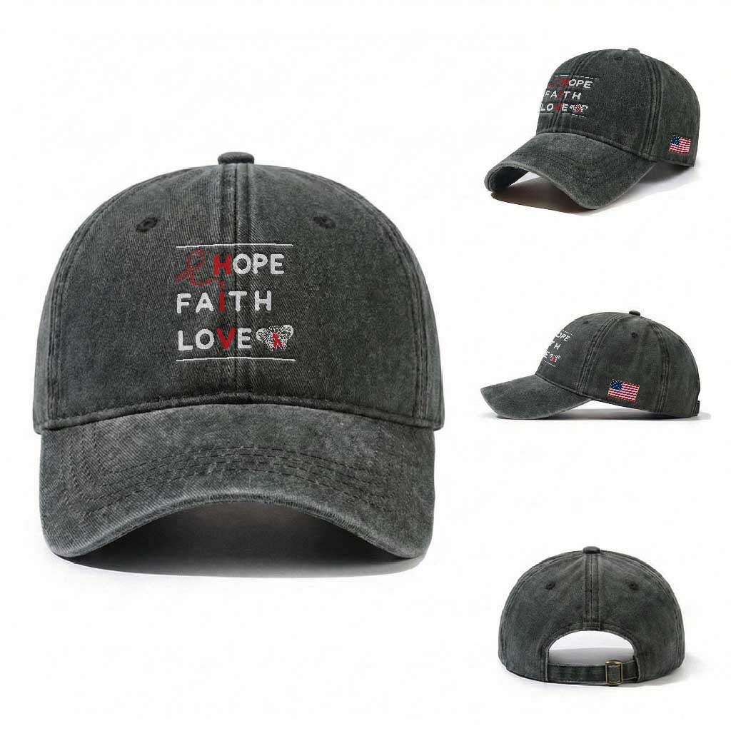 Faith Hope Love HIV AIDS Awareness Washed Cotton Baseball Cap Hope Strength Empowerment Gift TS12 Washed Cap Universal Fit Dark Green Print Your Wear