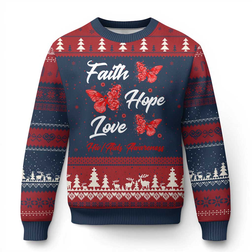 Faith Hope Love HIV AIDS Awareness Butterfly Gift Ugly Christmas Sweater TS12 Navy Red Print Your Wear