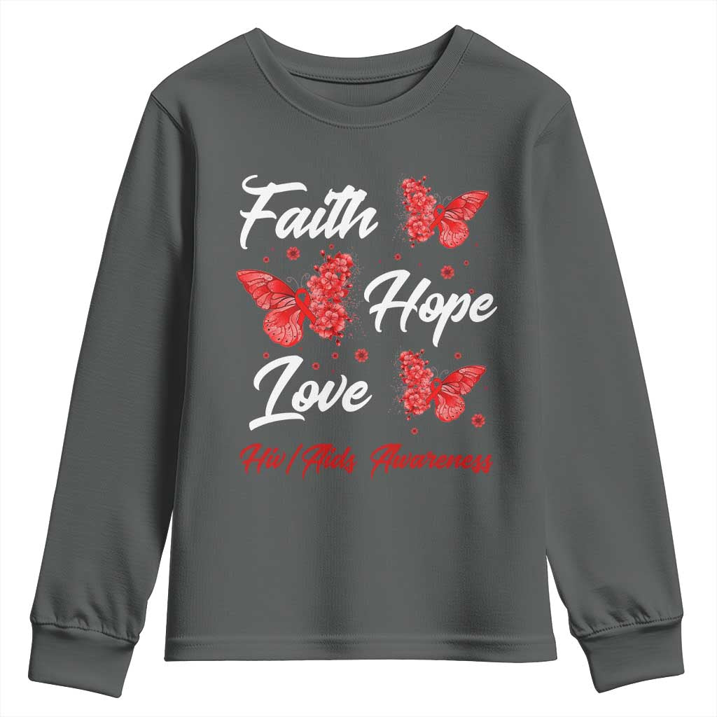 Faith Hope Love HIV AIDS Awareness Butterfly Gift Youth Sweatshirt TS12 Dark Heather Print Your Wear