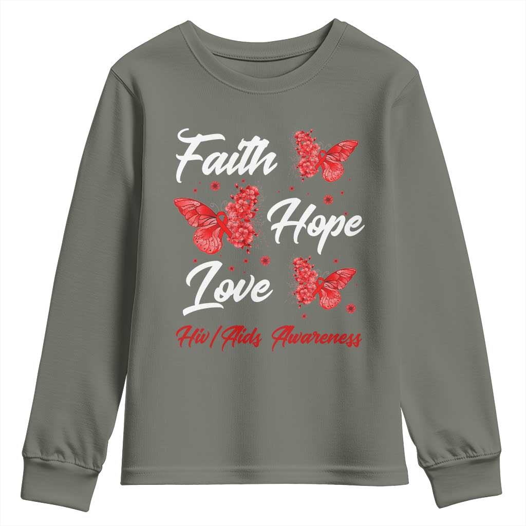 Faith Hope Love HIV AIDS Awareness Butterfly Gift Youth Sweatshirt TS12 Military Green Print Your Wear