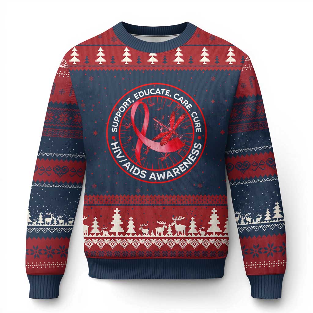 Support Educate Care Cure Ugly Christmas Sweater HIV Awareness Month Gift TS12 Navy Red Print Your Wear