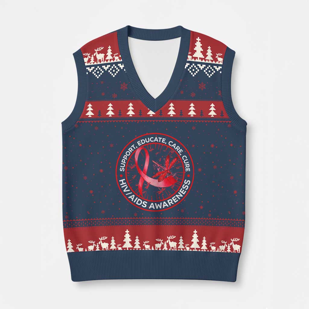 Support Educate Care Cure V-Neck Knit Sweater Vest HIV Awareness Month Gift TS12 Navy Red Print Your Wear