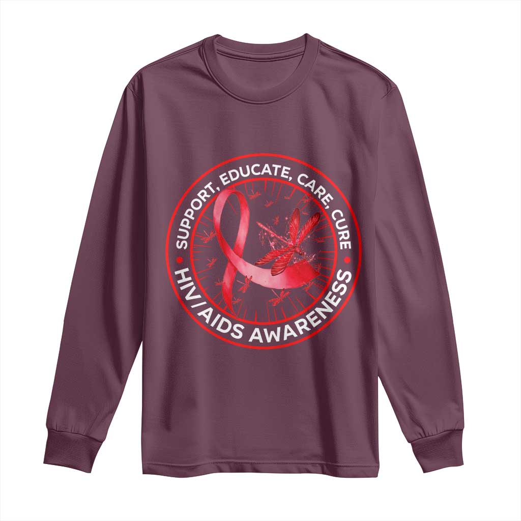 Support Educate Care Cure Long Sleeve Shirt HIV Awareness Month Gift TS12 Maroon Print Your Wear