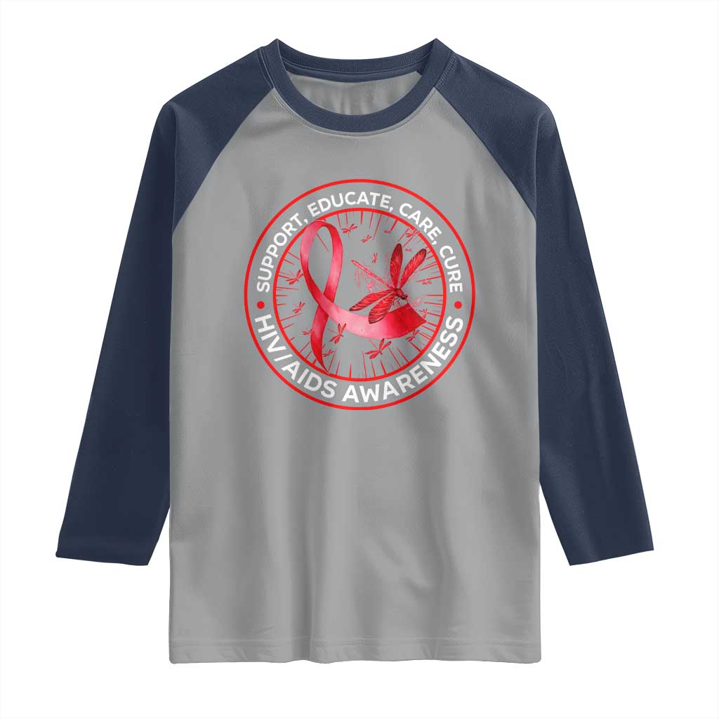 Support Educate Care Cure Raglan Shirt HIV Awareness Month Gift TS12 Sport Gray Navy Print Your Wear